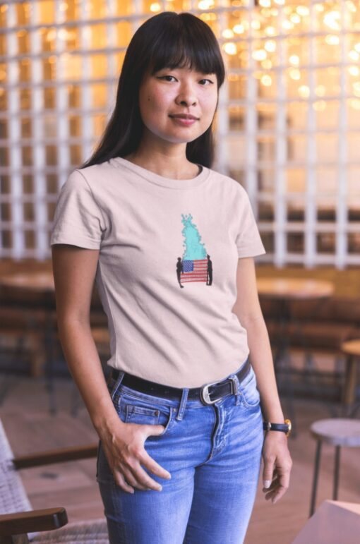 womens short sleeve shirt - american flag, soldiers and statue of liberty - american pride
