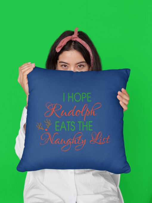 rudolph eats the naughty list blue pillow cover