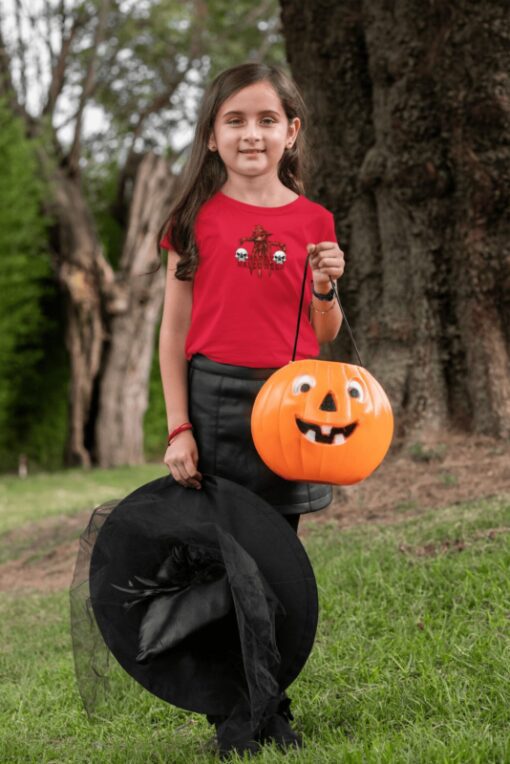 kids halloween shirt with scarecrow and skulls