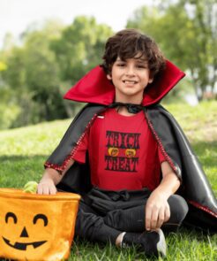 kids halloween short sleeve shirt with trick or treat text