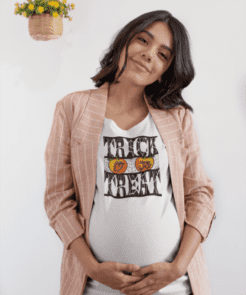 maternity halloween short sleeve shirt with trick or treat text