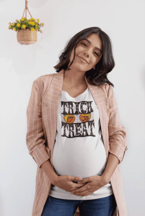 maternity halloween short sleeve shirt with trick or treat text