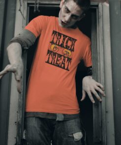 mens halloween short sleeve shirt with trick or treat text