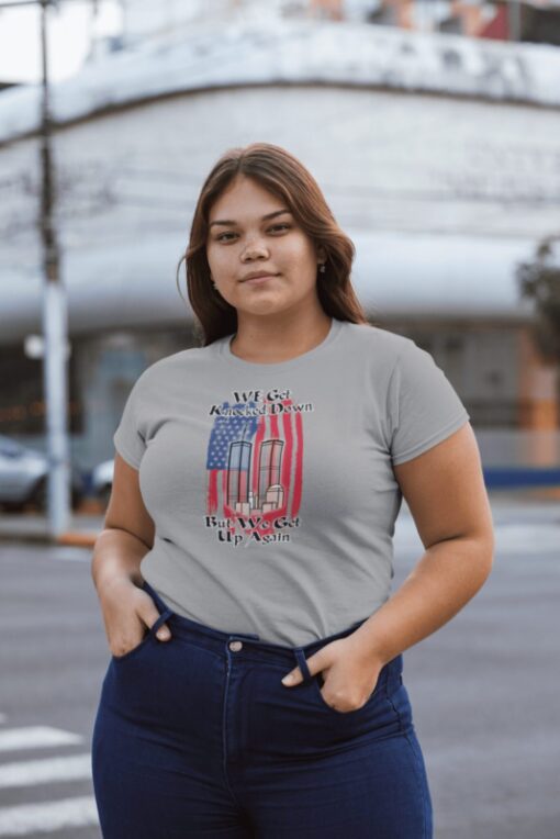 plus size womens short sleeve shirt - american flag and NY twin towers - never forget