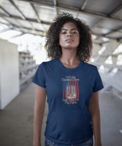 womens short sleeve shirt - american flag and NY twin towers - never forget