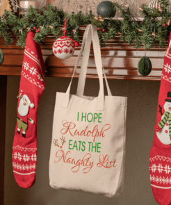 rudolph eats the naughty list canvas tote