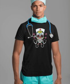 Day of the dead Halloween nurse skull black short sleeve t-shirt