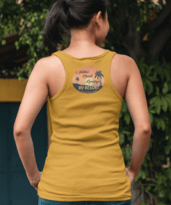 Womens jersey musc;le tank heather mustard back logo