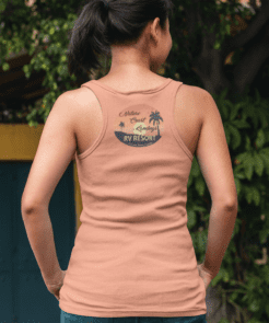 Womens jersey musc;le tank heather sunset back logo